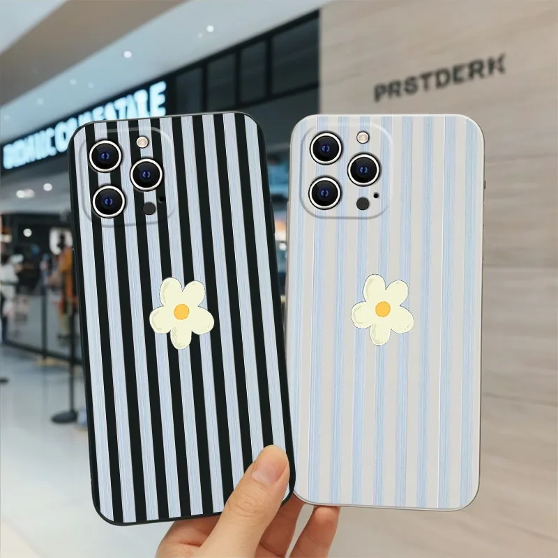 Apple Iphone 15 Pro Max - iPhone 18、17 Air、16E、16、15、14、13、12、11 Pro Max、Xs、XR、13/12 Mini対応、ストライプ柄の花柄韓国風スマホケース、保護カバー、耐衝撃ケース